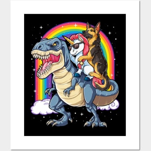 German Shepherd Unicorn Riding Dinosaur Rainbow Posters and Art